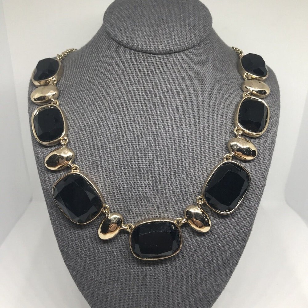 Monet Vintage Gold Tone Statement Necklace With Square Black Stones: 16-18”